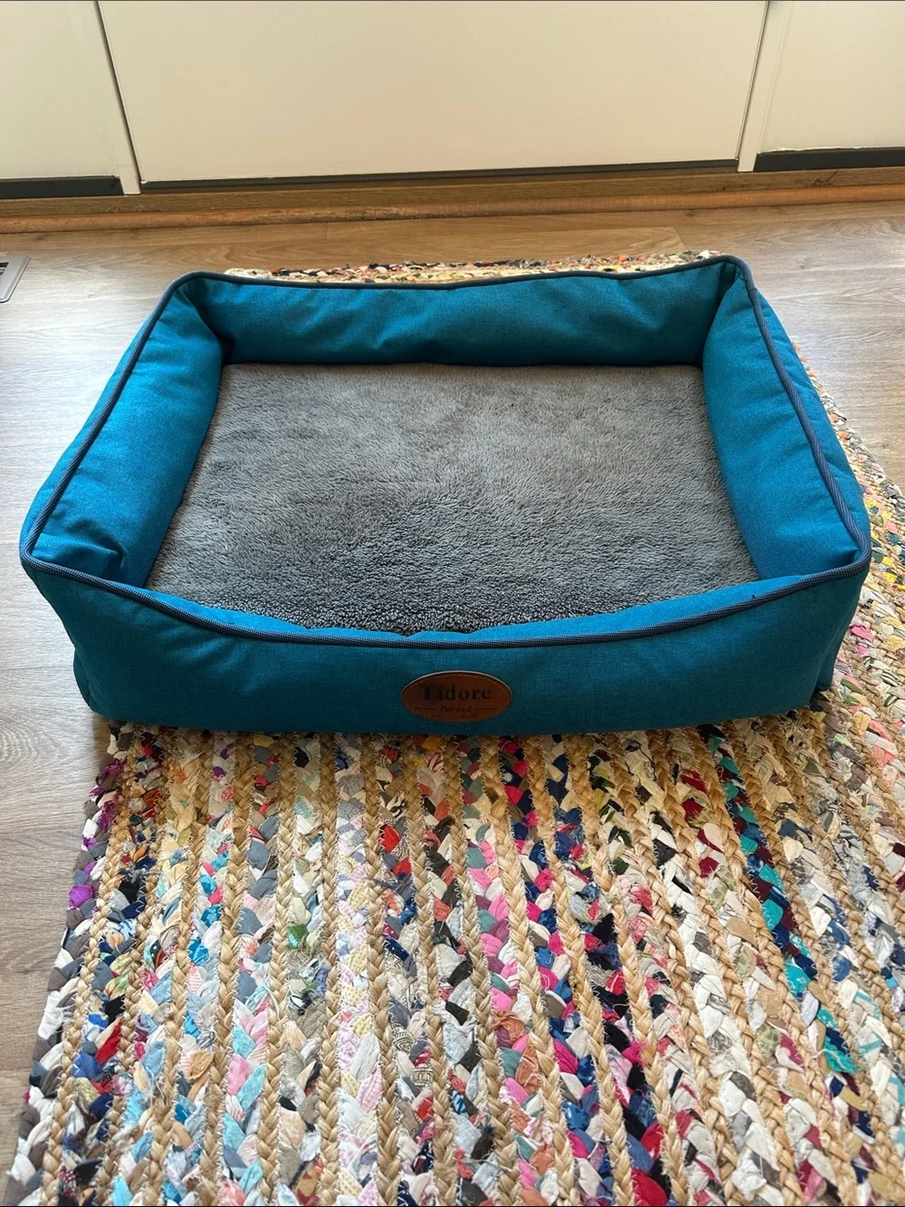 Teal Rectangular Pet Bed with Gray Plush Insert